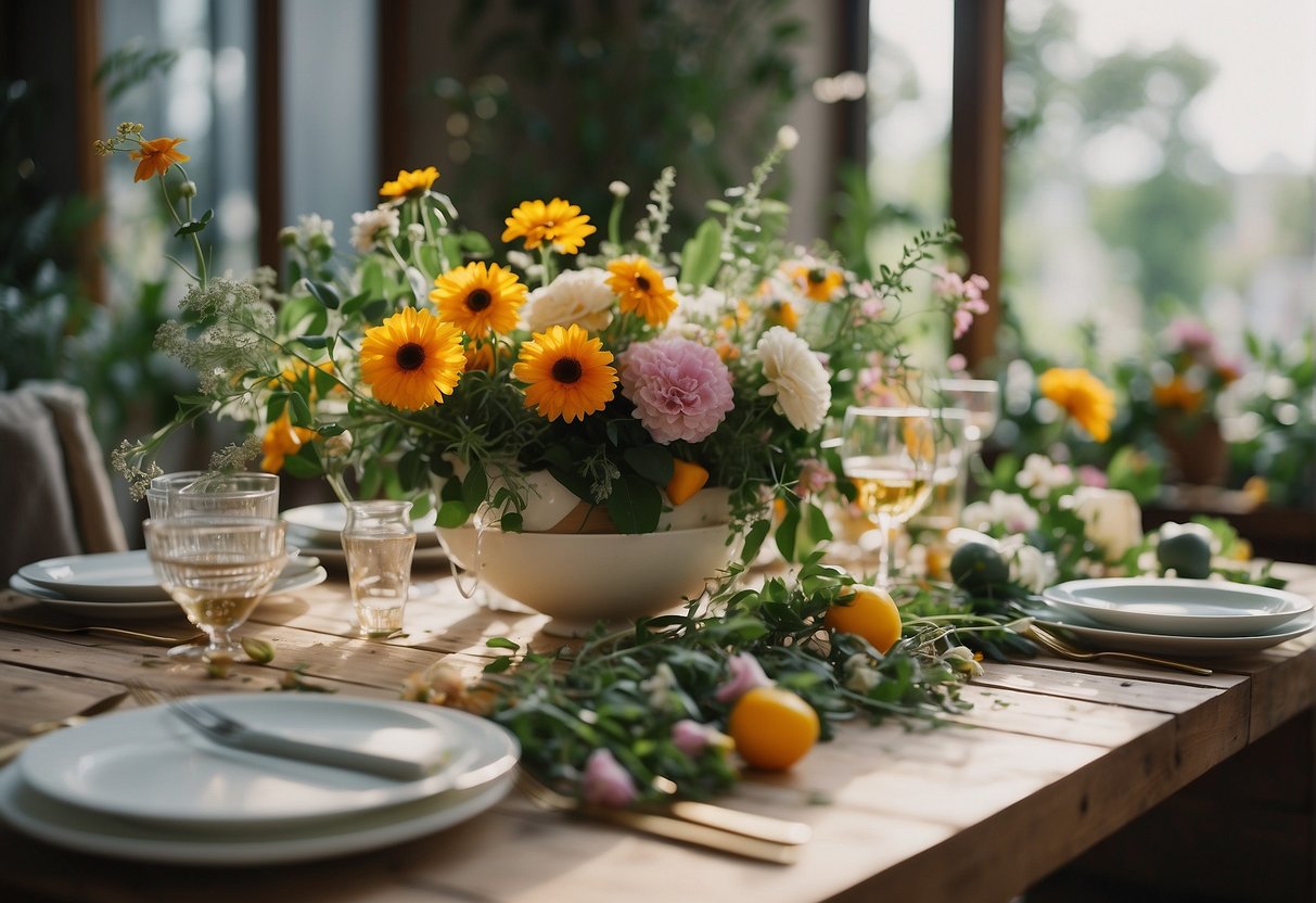 A table with various hard goods used in floral design: vases, containers, floral foam, wire, tape, and scissors. Bright flowers and greenery scattered around the table