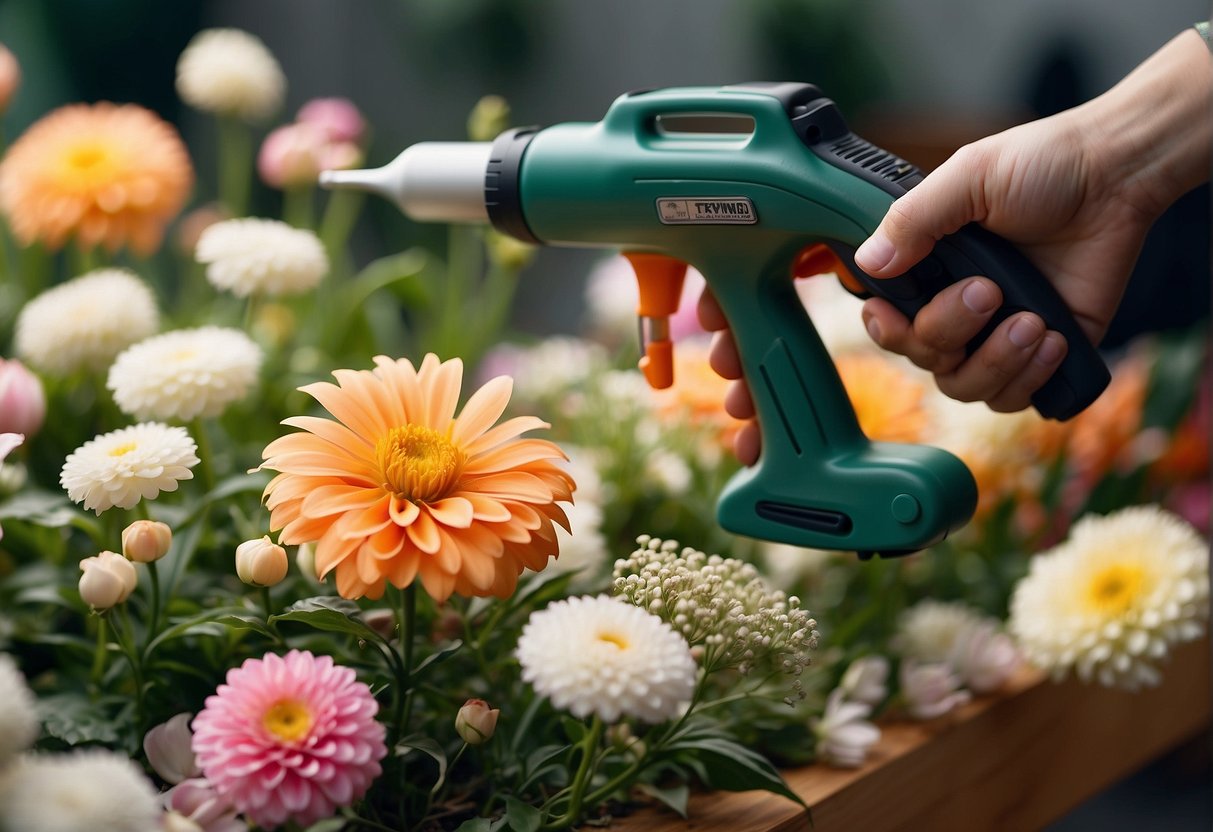 Hot glue gun attaches flowers to base in floral design