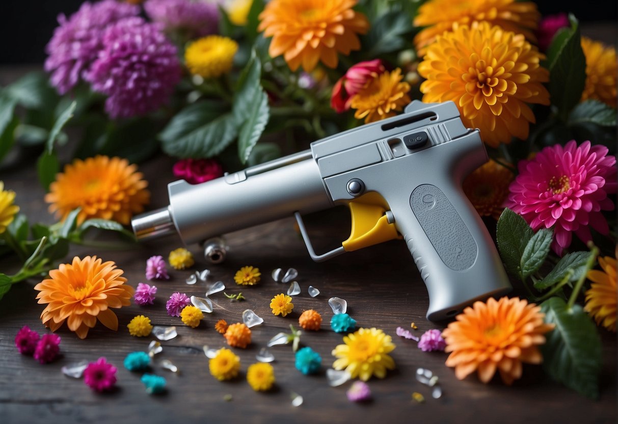 A hot glue gun sits on a worktable, surrounded by colorful flowers, leaves, and other floral materials. The gun's features, such as the trigger and nozzle, are visible