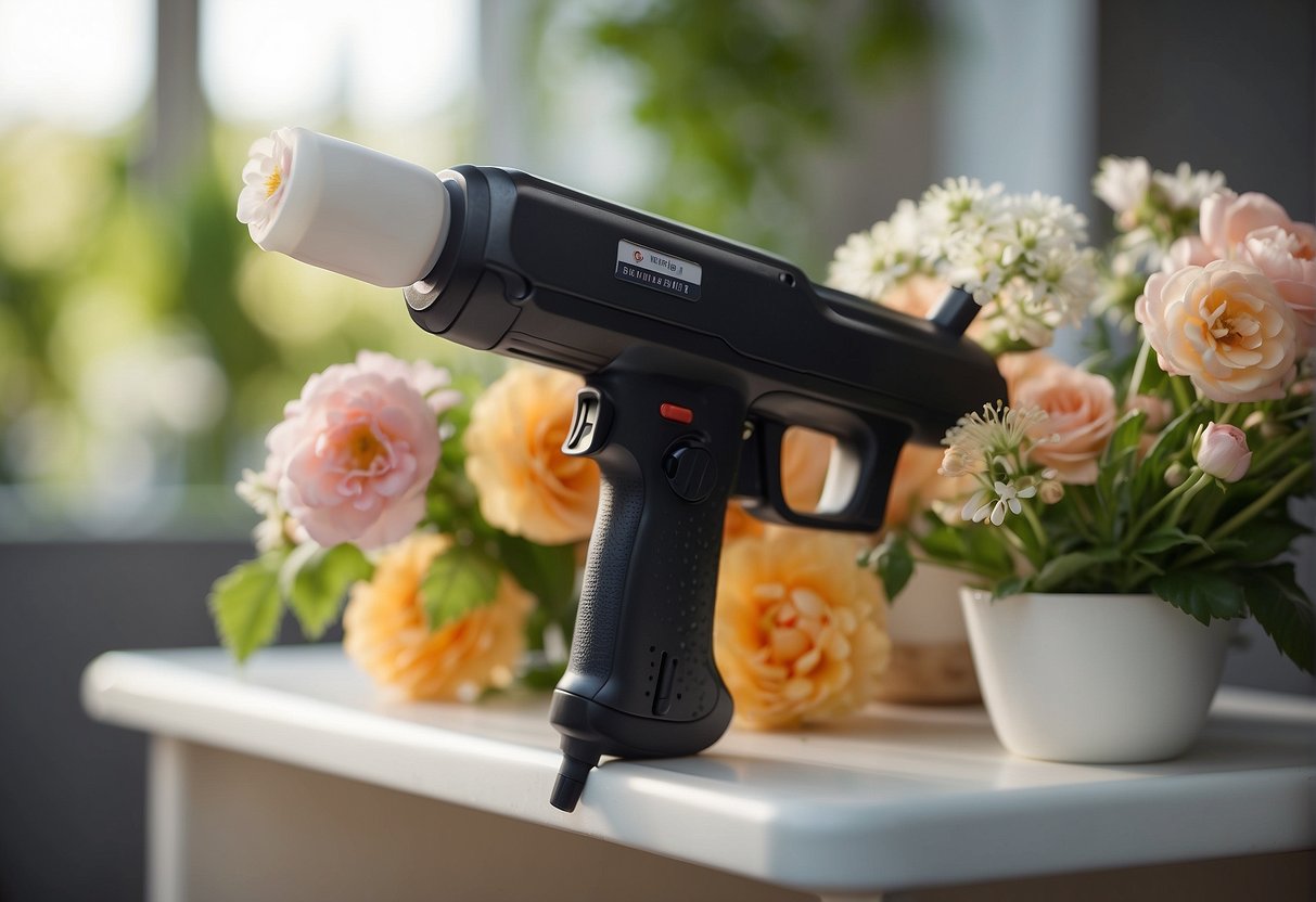Hot glue gun attaches flowers to foam base, securing arrangement