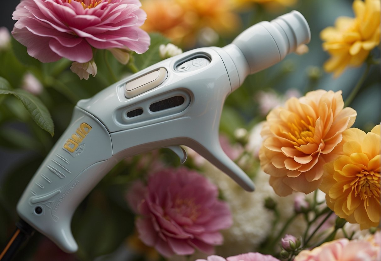 A hot glue gun is shown in use, attaching floral elements to a base in a floral design setting