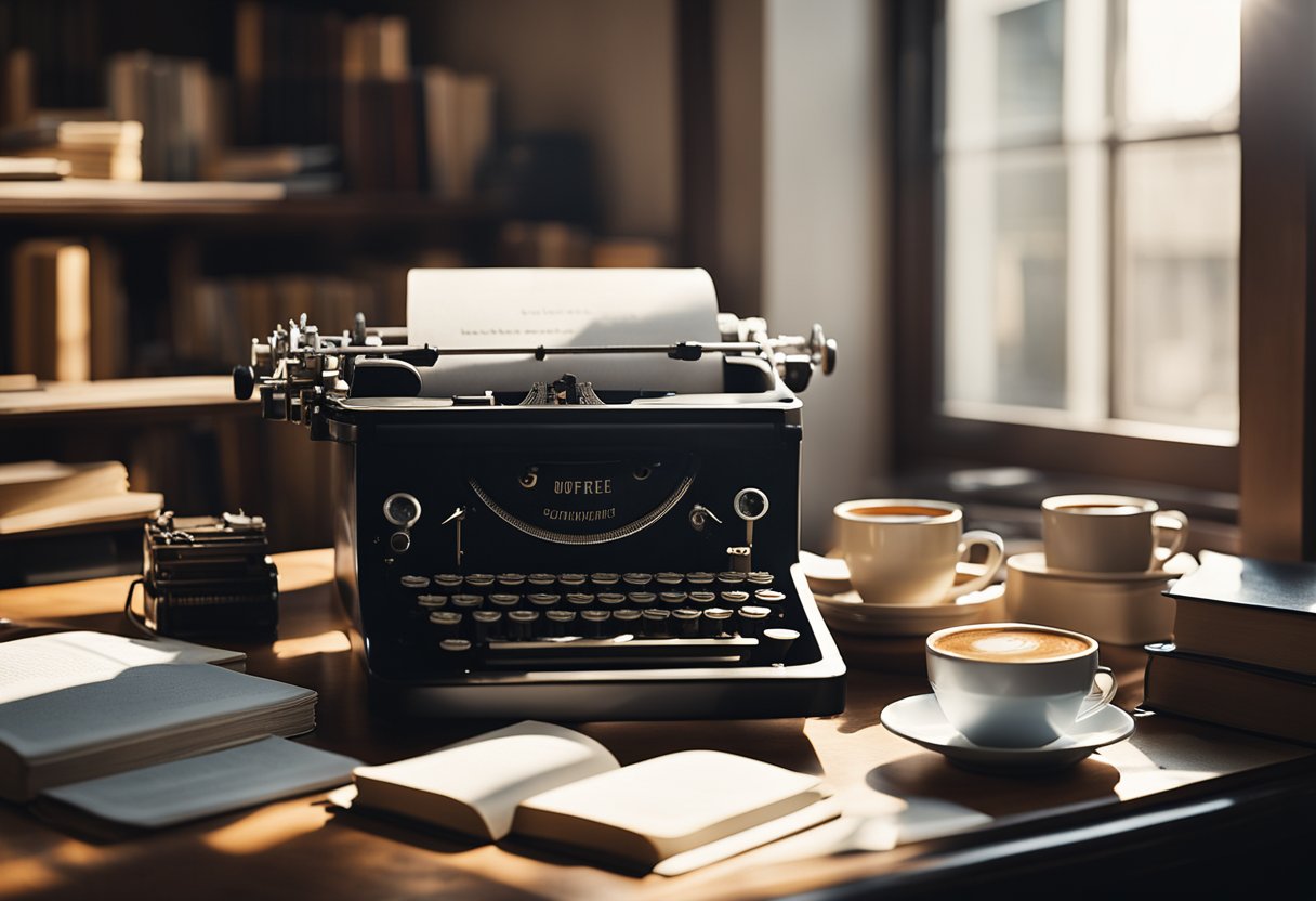 A cluttered desk with a vintage typewriter, scattered papers, and a cup of coffee. A bookshelf filled with marketing and advertising books. A window with sunlight streaming in