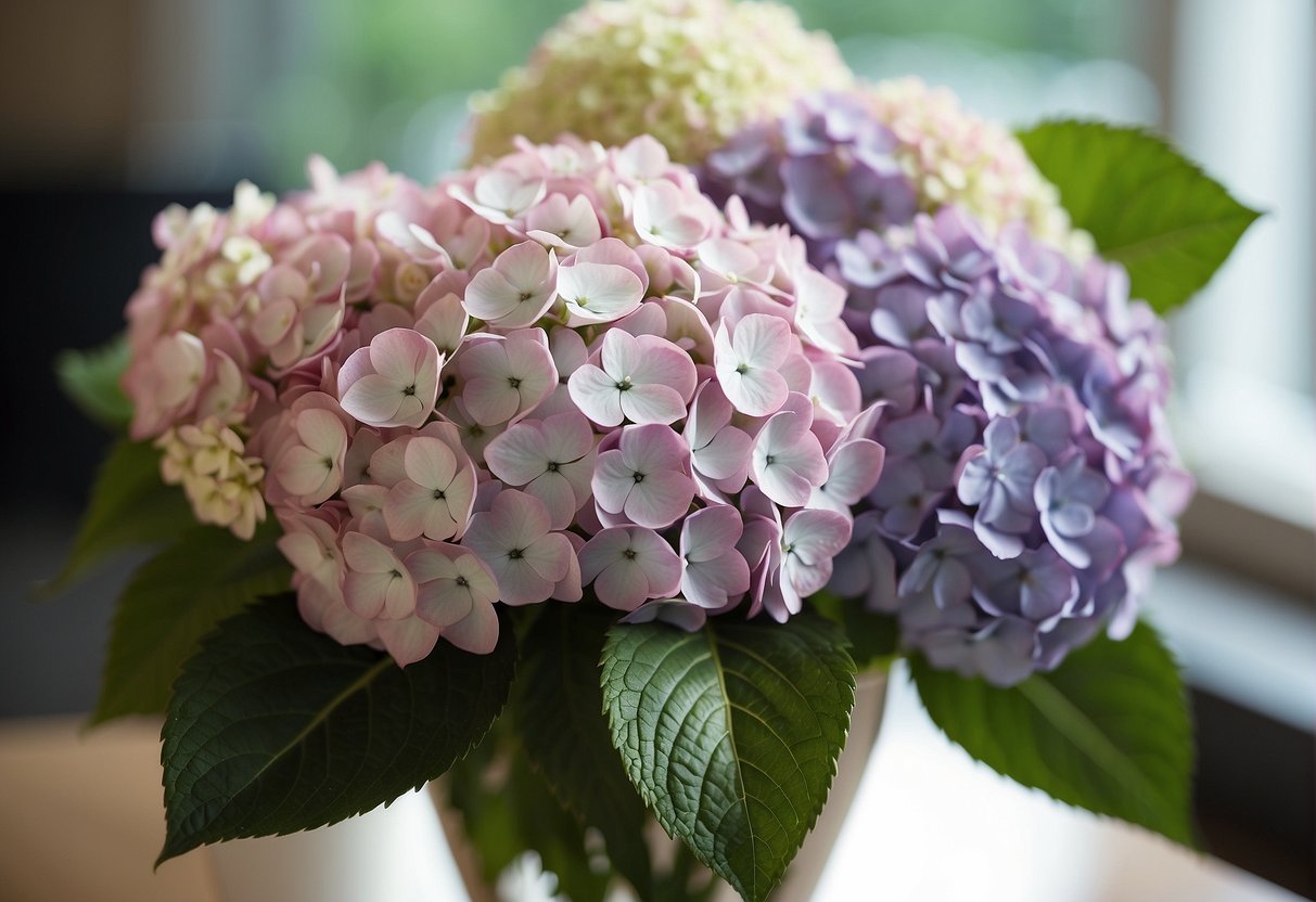 Hydrangeas arranged in a floral design, with other flowers and foliage, displayed in a vase or bouquet