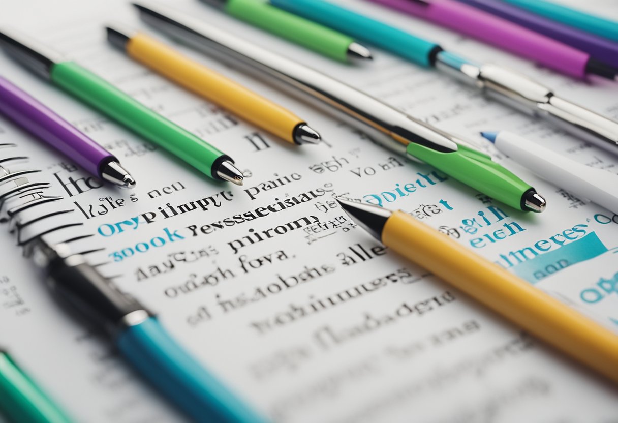 A vibrant pen writes on a blank page, surrounded by colorful words and vibrant imagery, capturing the essence of persuasive copywriting techniques
