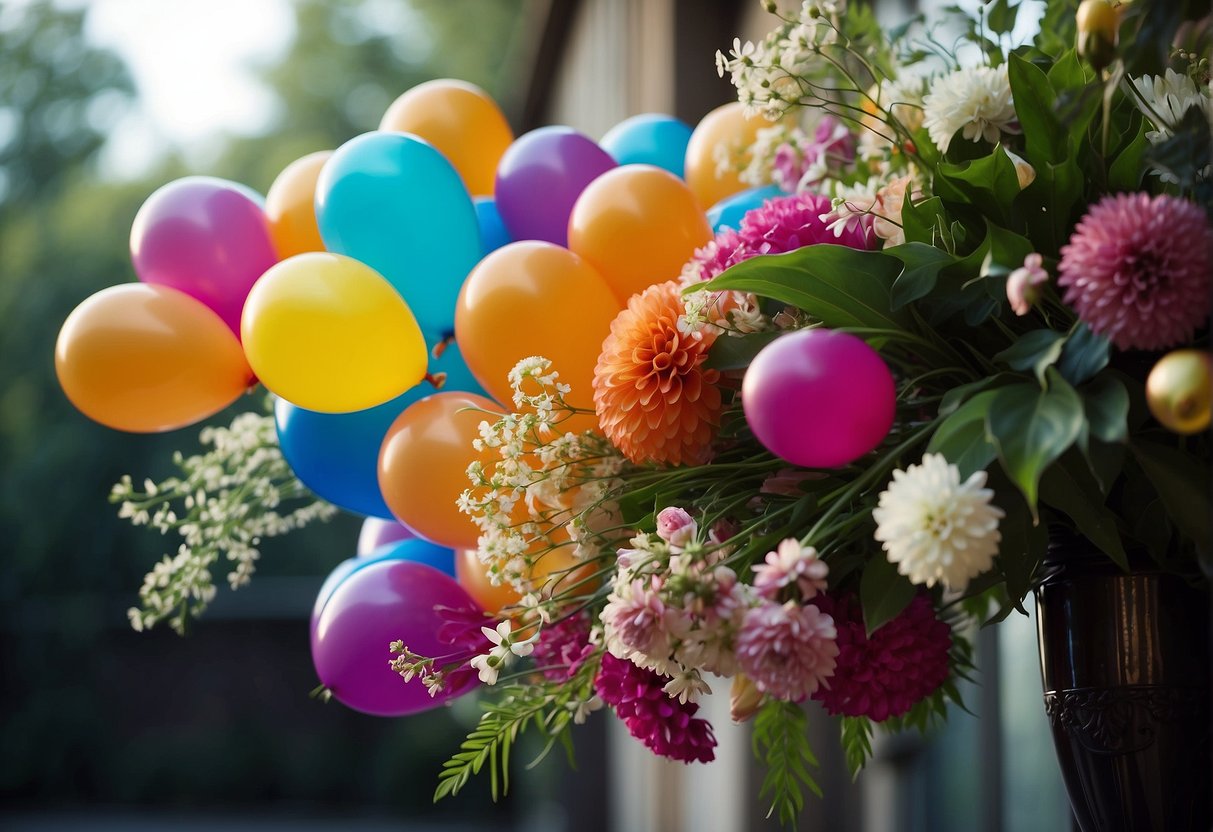 Latex balloons are tied to floral arrangements, adding color and volume to the design