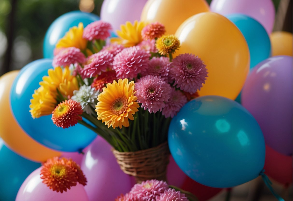 A bouquet of flowers with latex balloons intertwined in the floral arrangement, adding a playful and colorful touch to the design