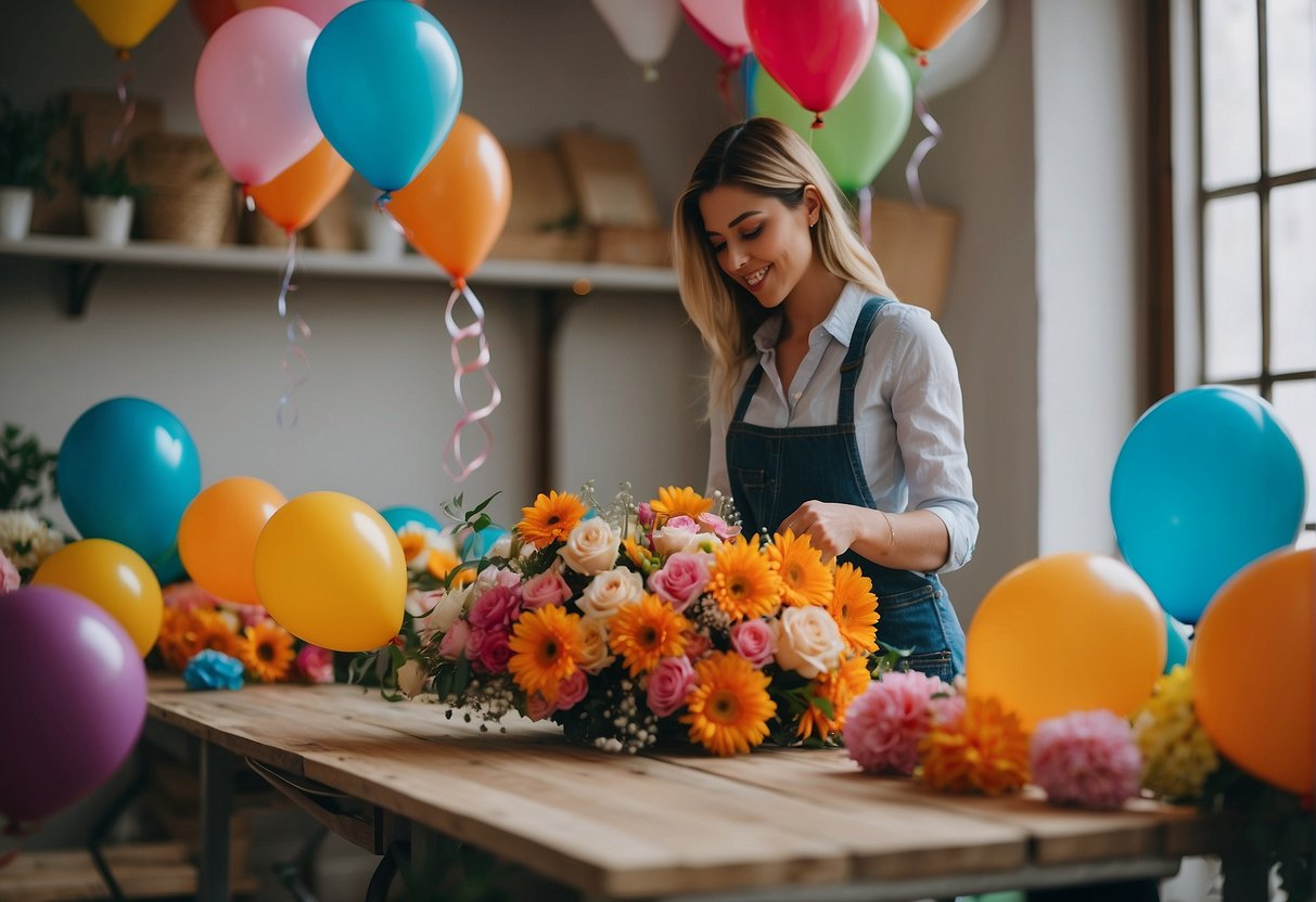 A florist arranging latex balloons into a colorful floral design centerpiece