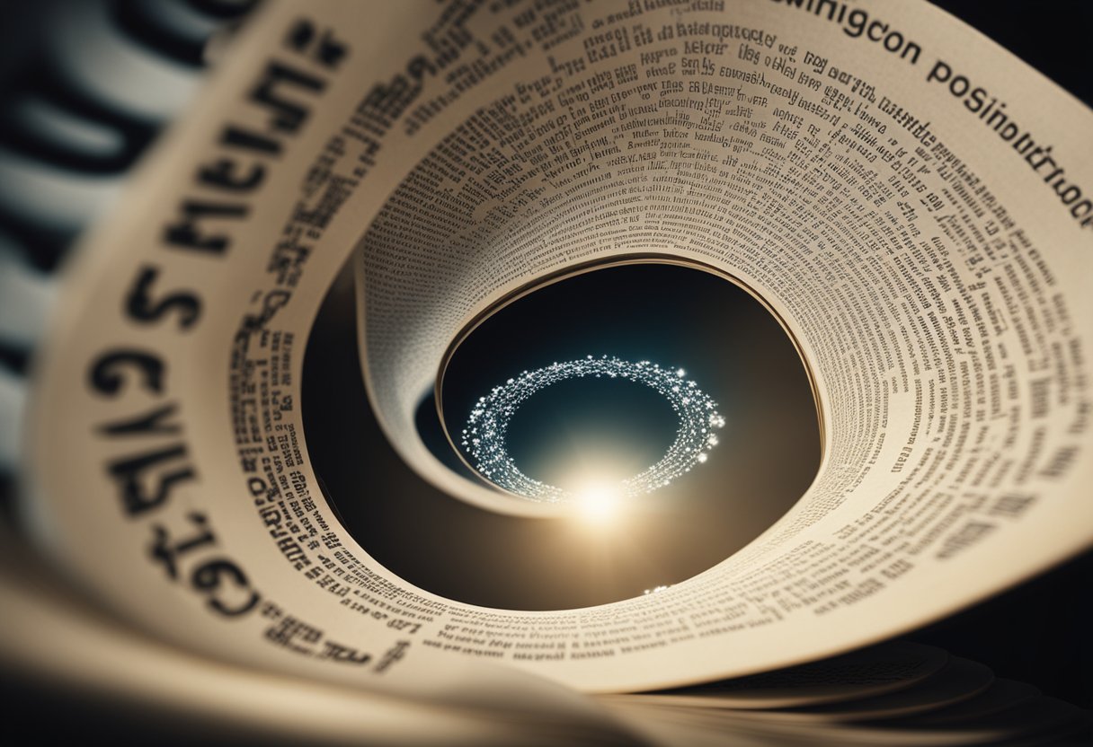 A stack of impactful words bursts from a book, swirling in a dynamic, eye-catching display