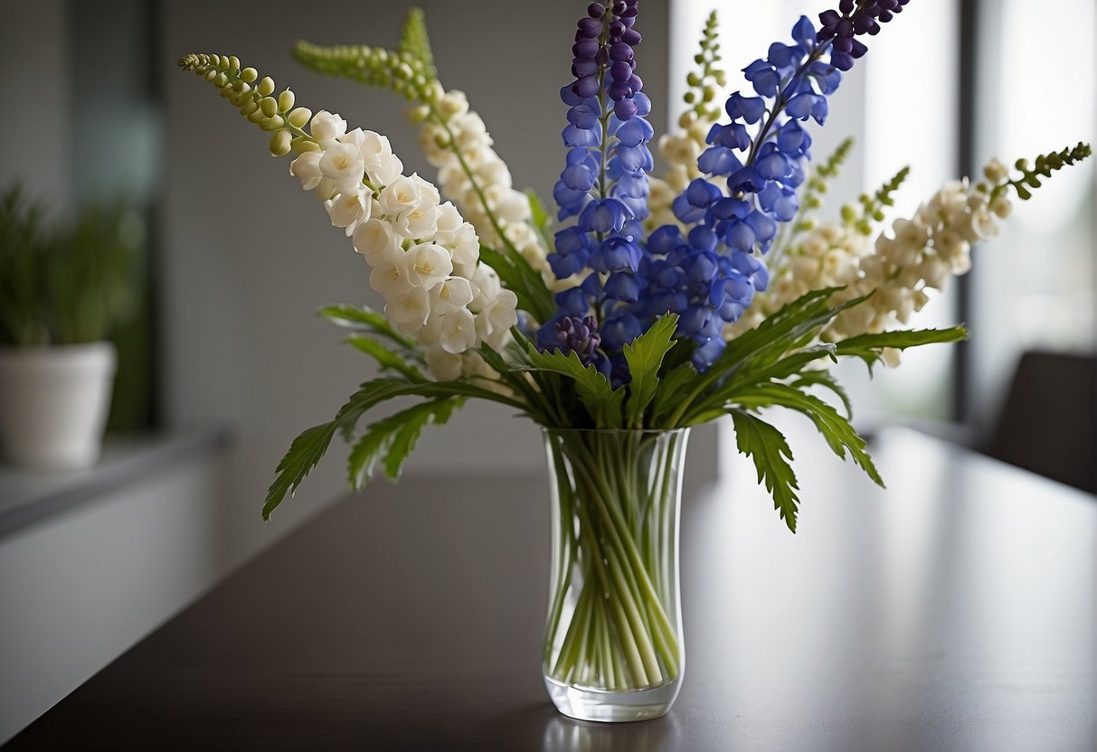 A vase filled with tall, slender line flowers like delphinium and snapdragons, arranged with minimal foliage and other blooms for a modern, linear look