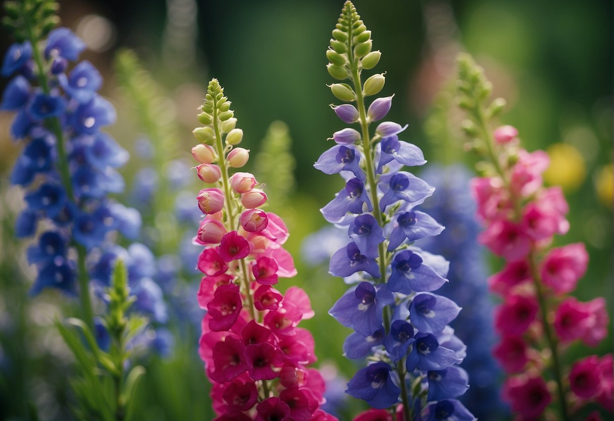 A variety of line flowers, such as delphinium and snapdragons, arranged in a modern floral design