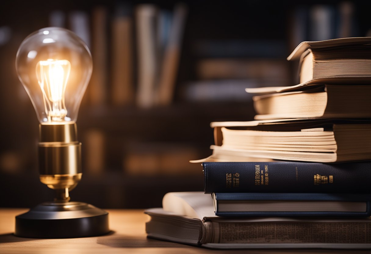 A stack of books with titles on storytelling and copywriting, surrounded by scattered pages and a pen, sitting on a desk with a warm lamp illuminating the scene