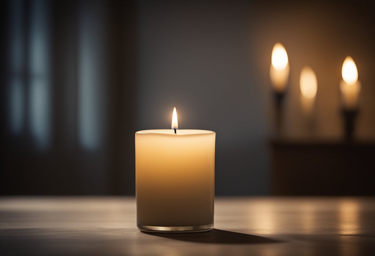 A lone candle flickers in a dimly lit room, casting shadows on the walls. A tear-stained letter lies open on the table, evoking a sense of longing and vulnerability
