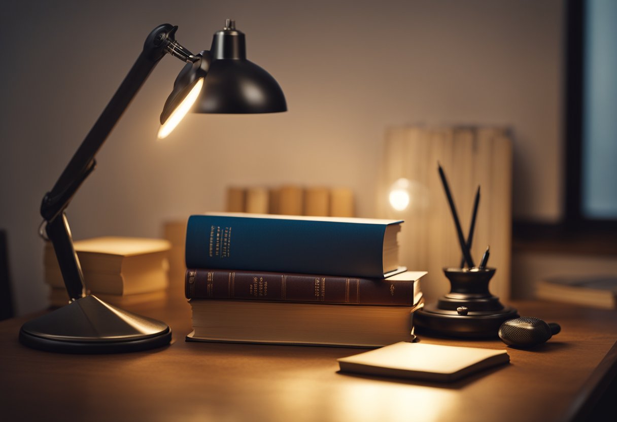 A book with a captivating cover sits on a wooden desk, surrounded by scattered pages and a pen. The warm glow of a desk lamp illuminates the scene, creating a cozy and inviting atmosphere for storytelling