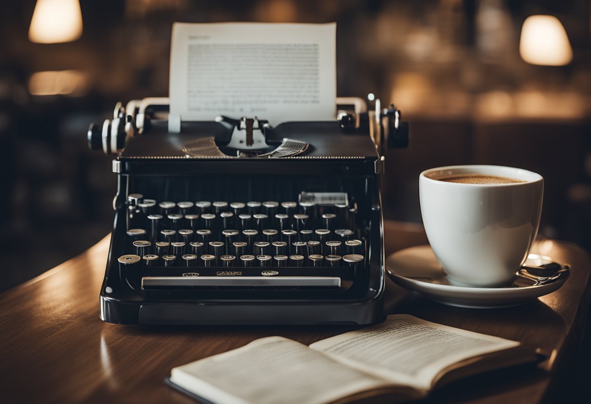 A vintage typewriter surrounded by meaningful words, a cup of coffee, and a cozy atmosphere