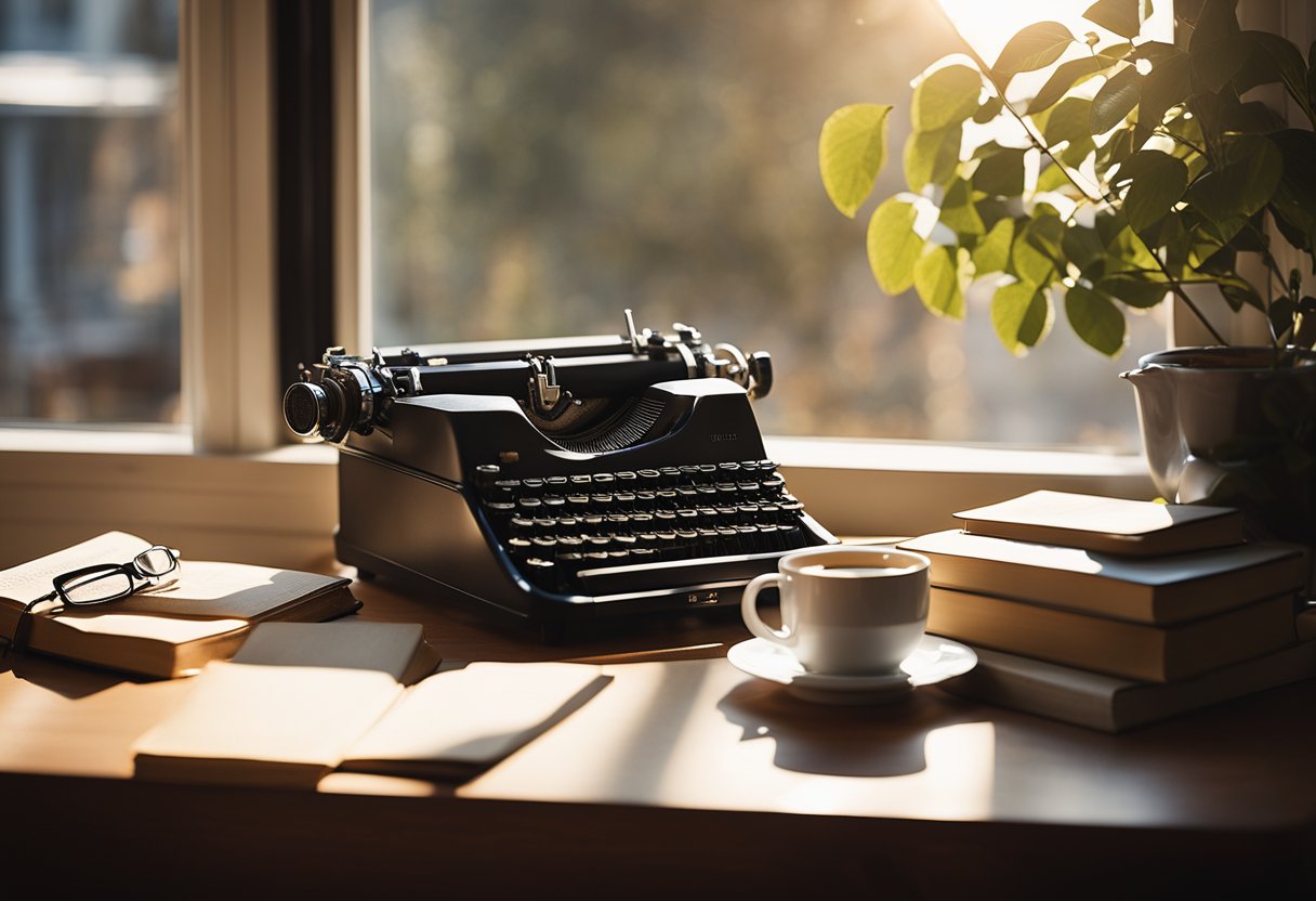 A cozy writing nook with a vintage typewriter, a stack of books, and a warm cup of tea. Sunlight streams through the window, casting a soft glow on the desk