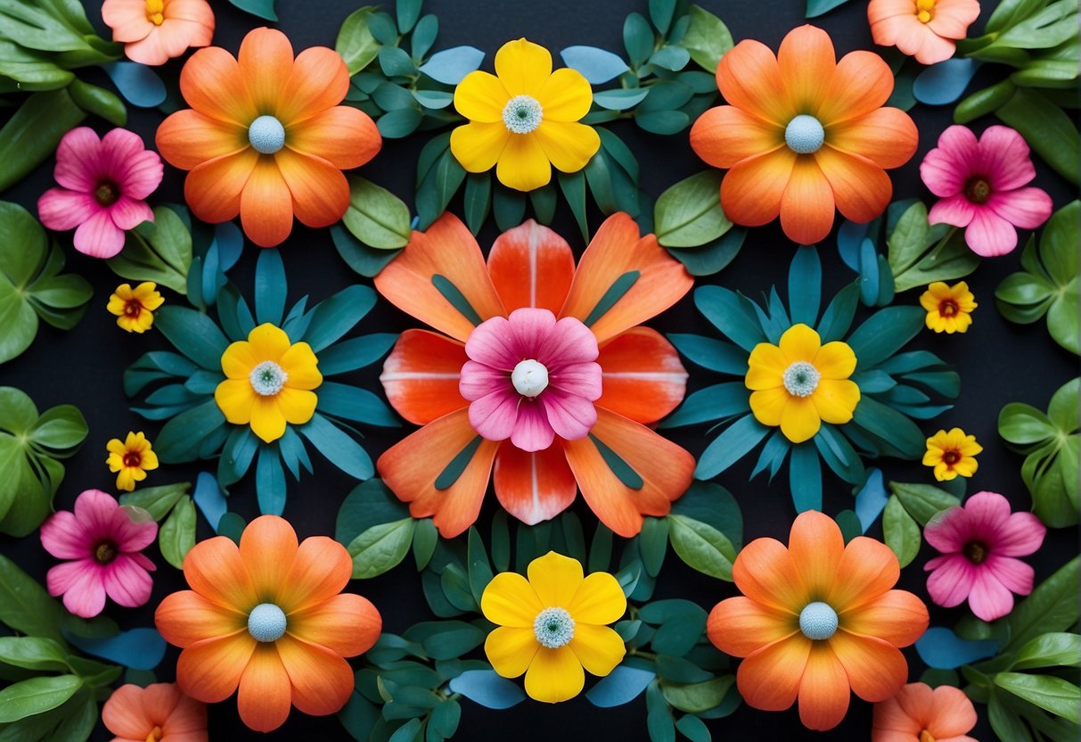 Vibrant flowers arranged in a symmetrical pattern with greenery, displayed in a mechanic's precise and balanced design