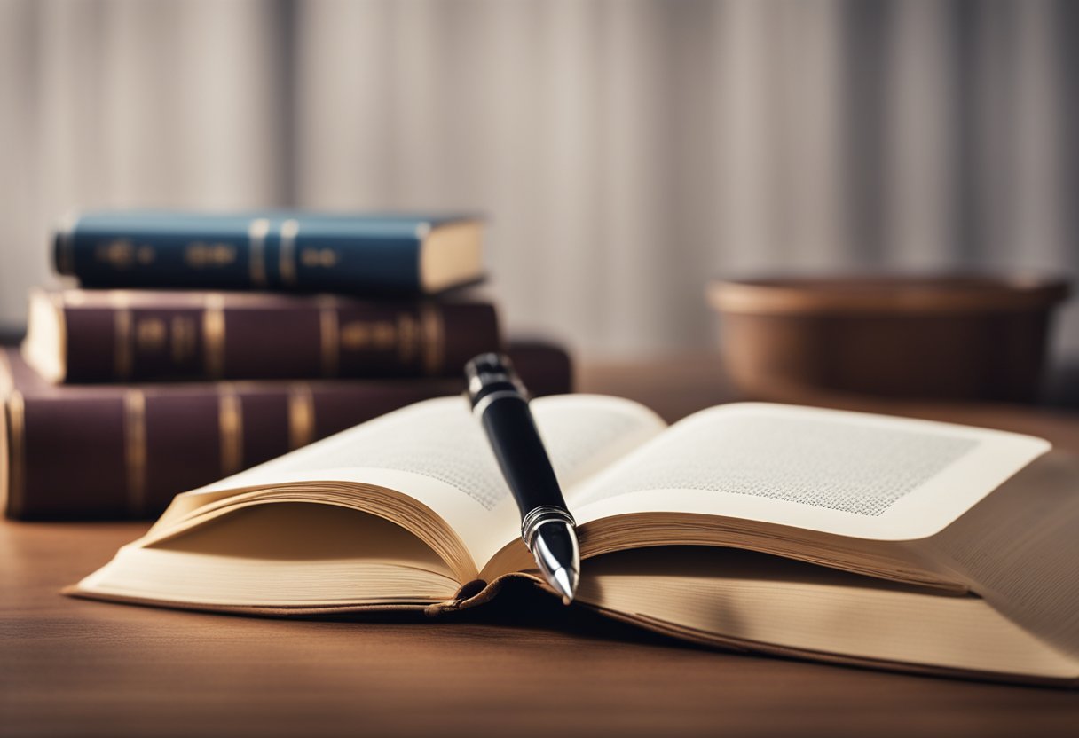 A pen hovers over a blank page, poised to capture the essence of authentic copywriting. A stack of books on the desk suggests a deep well of knowledge waiting to be tapped into