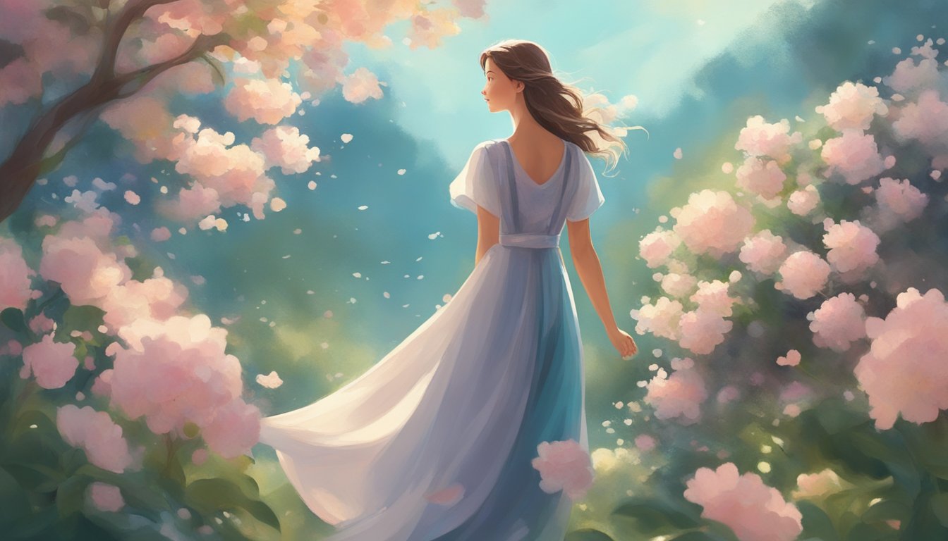 A figure stands in a tranquil garden, surrounded by blooming flowers and a gentle breeze.</p><p>The figure is gazing up at the sky, with a sense of wonder and calmness