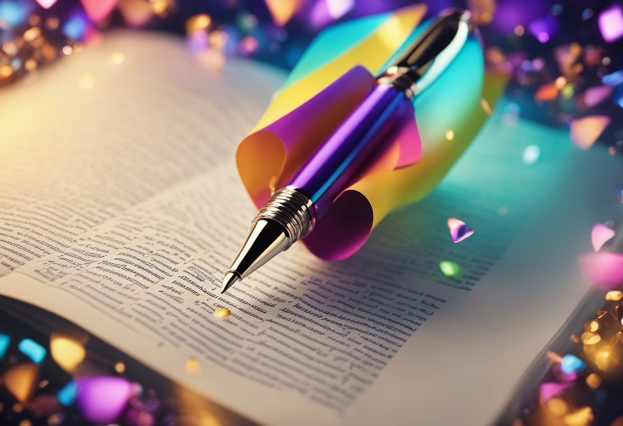 A magical pen floats above a blank page, surrounded by swirling words and vibrant colors, as it effortlessly transforms ideas into irresistible text