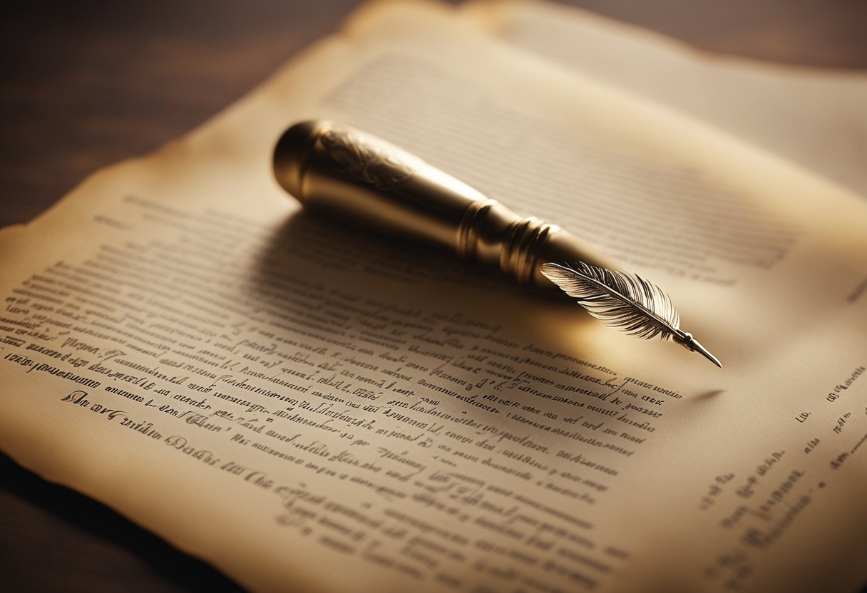 A quill pen hovers over parchment, crafting words that sparkle with allure. A magical aura surrounds the scene, as ideas transform into irresistible text