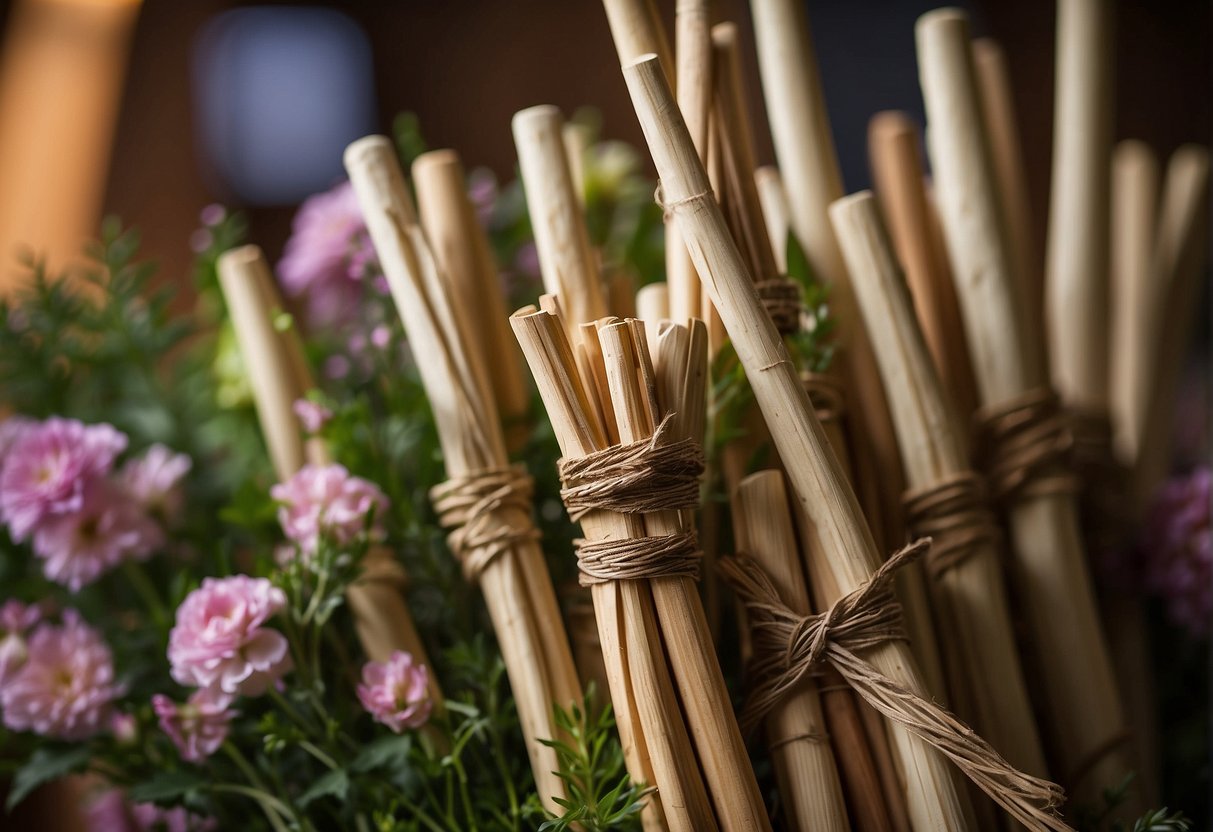 Midollino sticks are intertwined to form a base for floral arrangements. They create a natural, rustic look and provide structure for the design