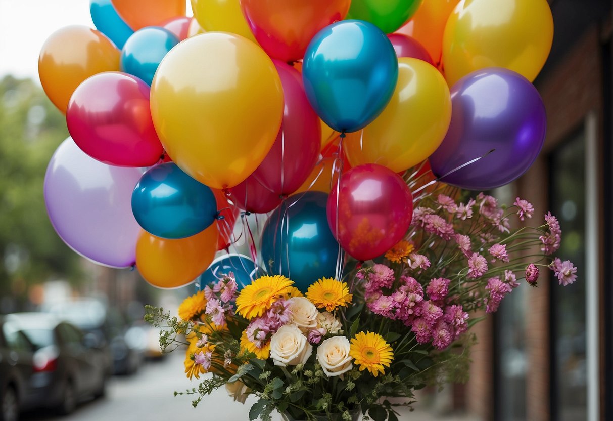 Colorful mylar balloons float above a floral arrangement, adding height and visual interest to the design