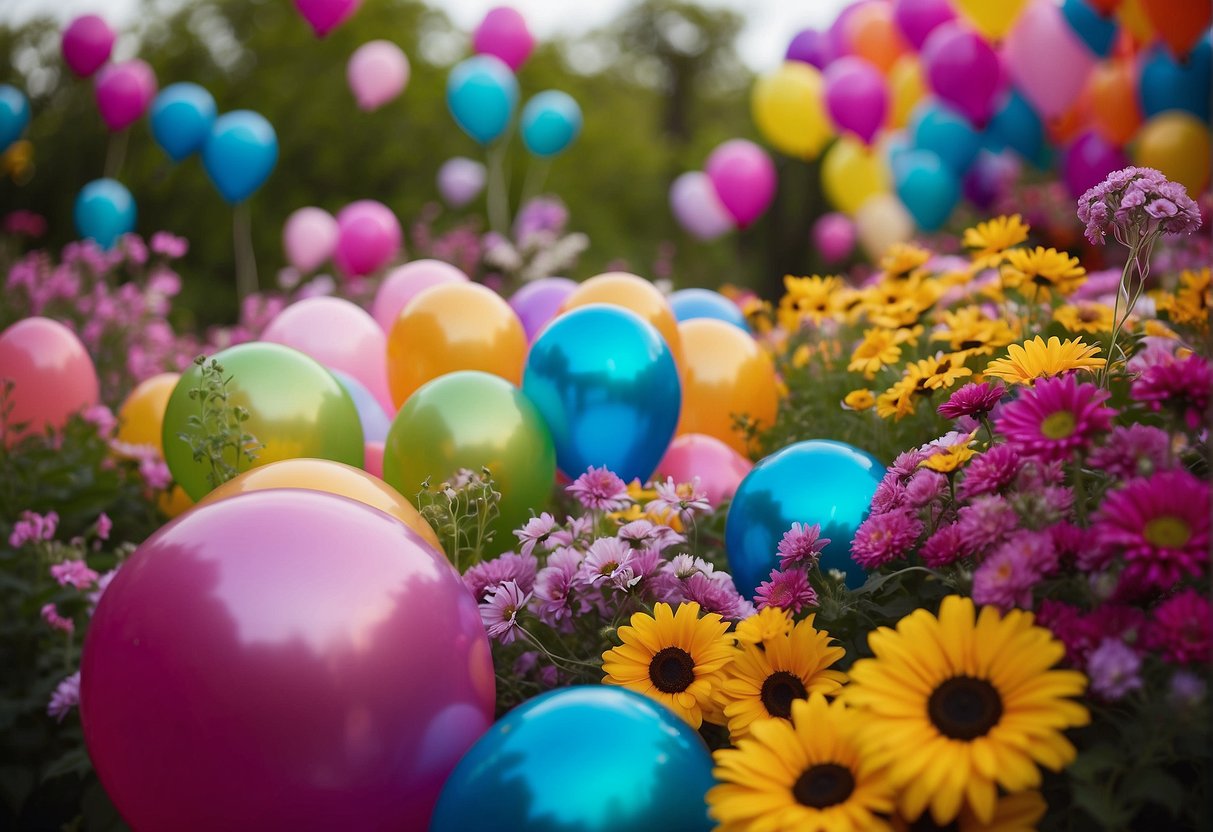 Colorful mylar balloons float among vibrant floral arrangements, adding a festive touch to the display