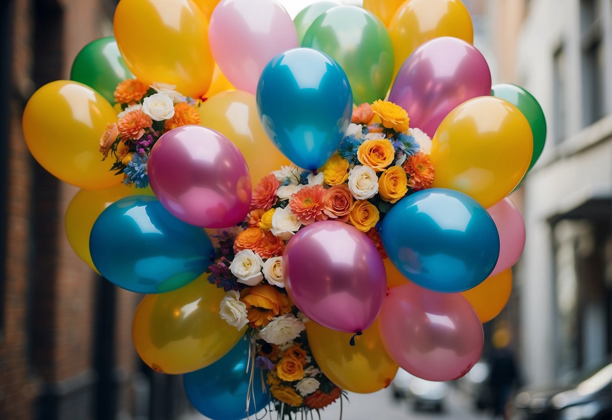 Mylar balloons arranged with floral designs, handled by a florist