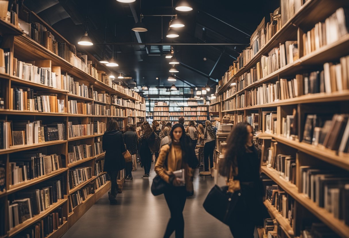 A crowded bookstore with a bold, eye-catching book cover on display, surrounded by other books. People browsing the shelves with a sense of curiosity and excitement