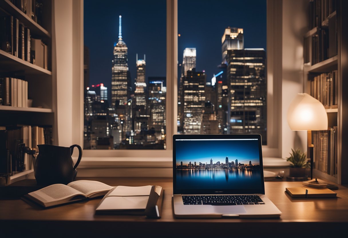 A cozy living room with a bookshelf filled with self-help and marketing books. A desk with a laptop and a notepad filled with persuasive phrases. A window overlooking a city skyline at dusk