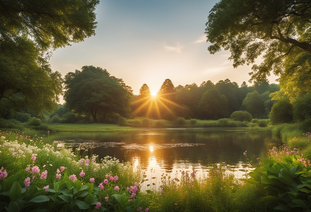 A serene, dreamy landscape with a glowing sun setting over a tranquil lake, surrounded by lush greenery and vibrant flowers, evoking a sense of peace and aspiration