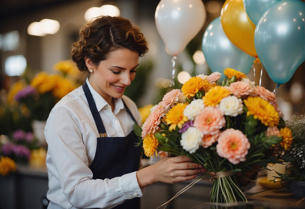 A florist arranging mylar balloons with floral designs for a customer's order