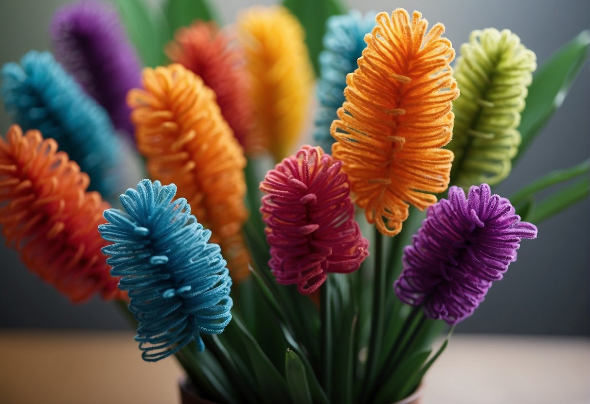 Pipe cleaners wrap around flower stems, shaping and securing them in floral arrangements. They come in various colors and are flexible for intricate designs
