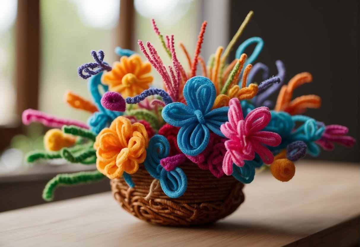 Pipe cleaners are twisted into intricate shapes to form the base of floral arrangements. They are used to create unique and decorative elements within the design