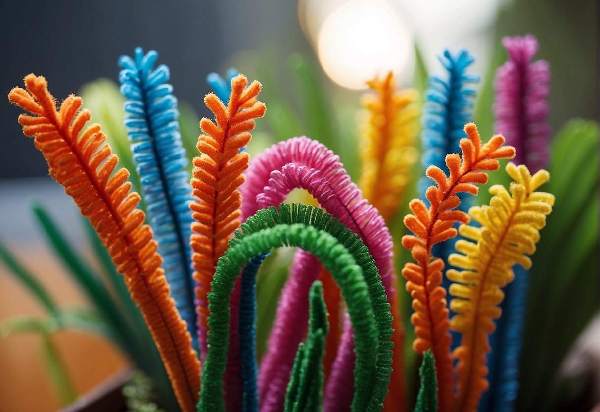Pipe cleaners are twisted around flower stems, shaping and securing them in floral arrangements. They come in various colors and are flexible for easy manipulation