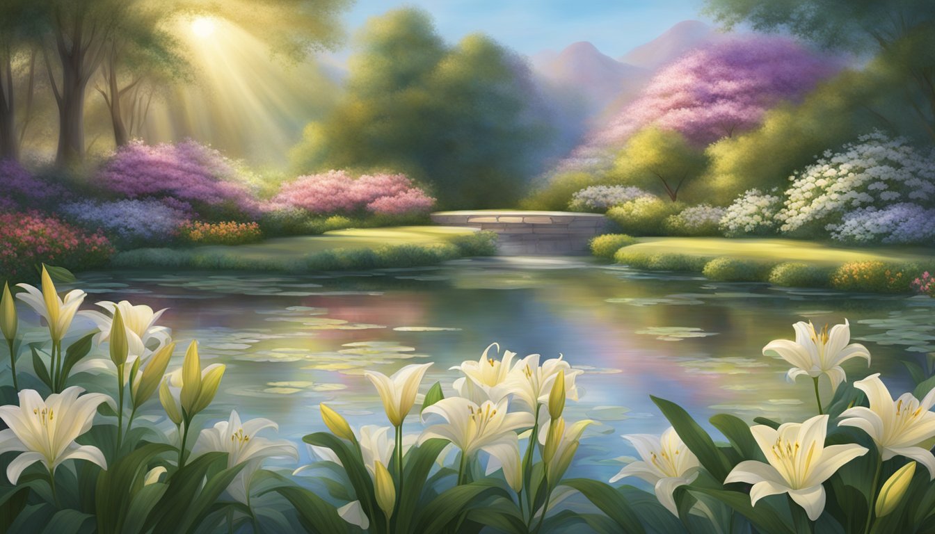 A serene garden with lilies in bloom, surrounded by a soft glow of angelic light