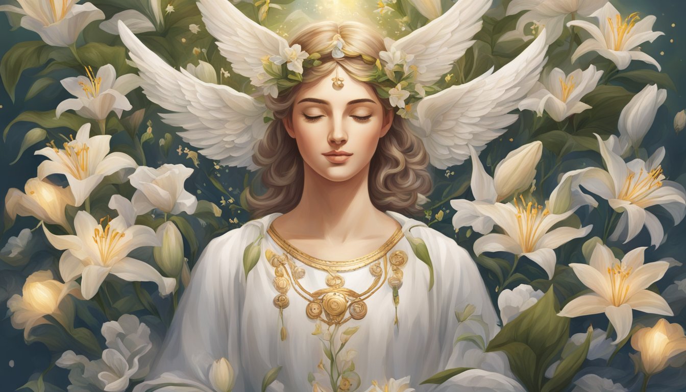 An angelic figure surrounded by lilies, with numbers floating around them, representing frequently asked questions