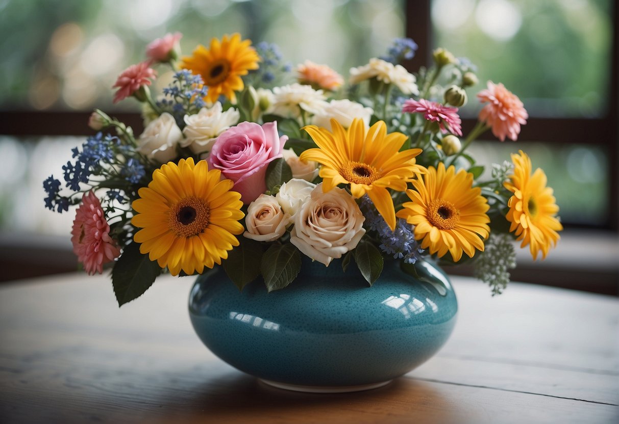 A vase filled with various types of flowers arranged in a balanced and harmonious manner, showcasing principles of floral design