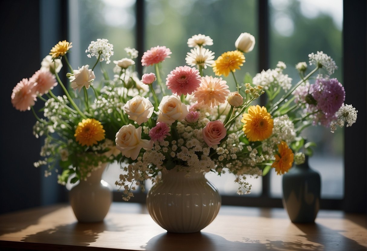 A vase of assorted flowers arranged in a balanced and harmonious manner, with varying heights and textures, showcasing the principles of floral design