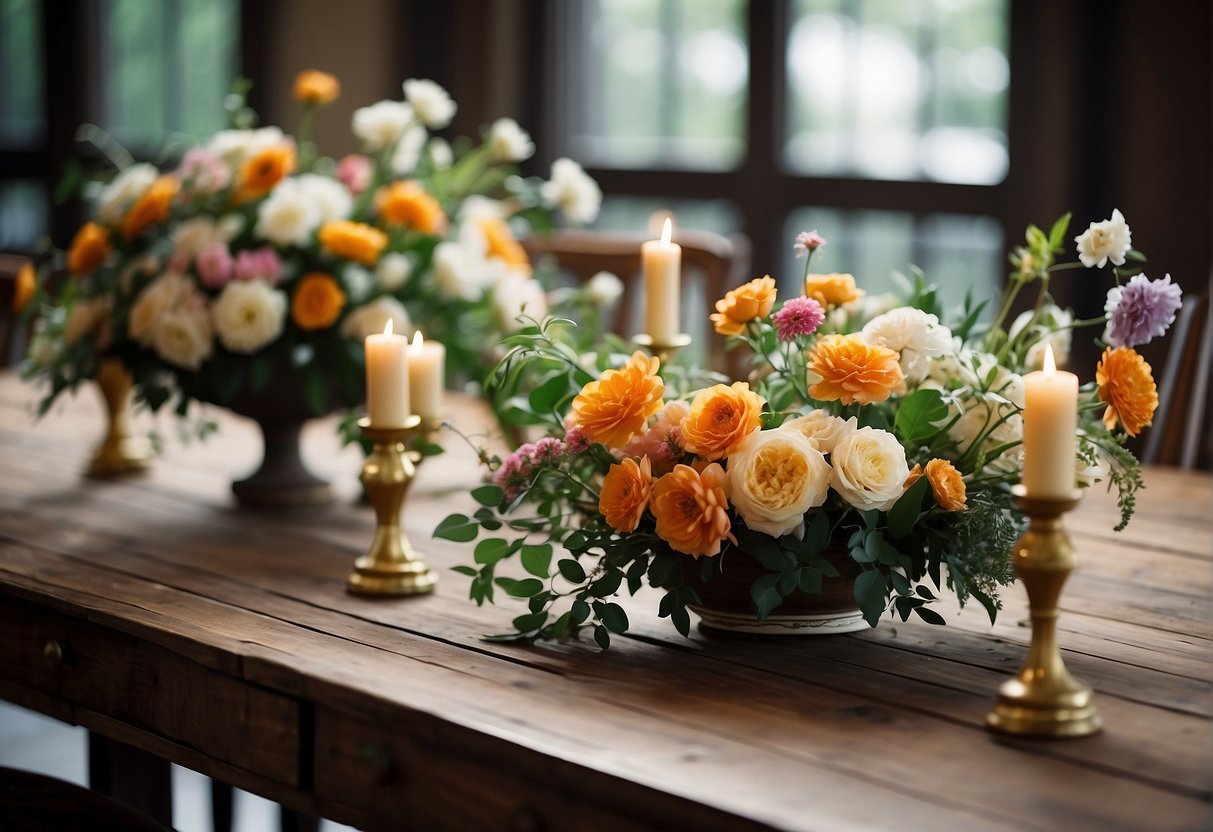 A table with various floral arrangements, demonstrating balance, proportion, rhythm, contrast, harmony, and unity in design principles