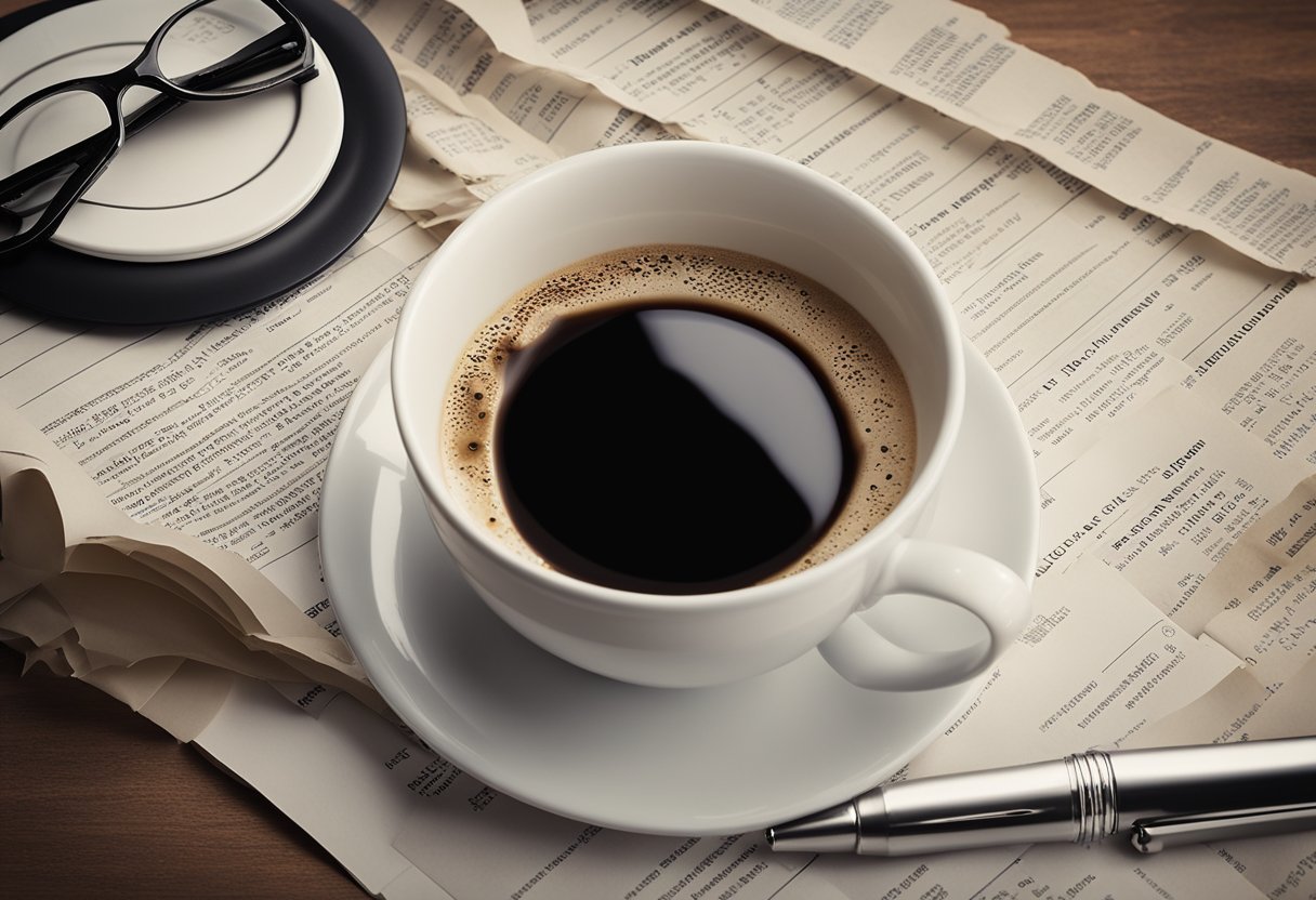 A pen poised above a blank page, surrounded by scattered crumpled papers and a steaming cup of coffee. A computer screen displays the headline "The Art of Seduction in Copywriting."