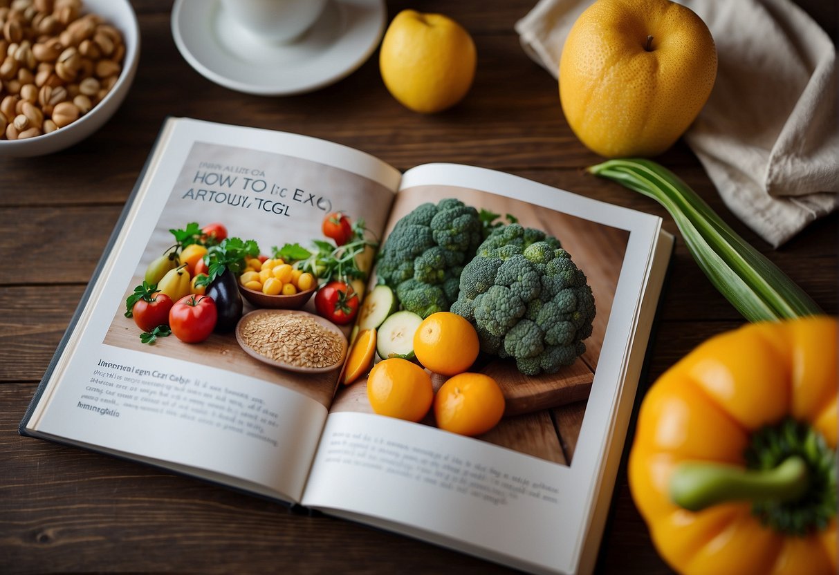 A table set with fruits, vegetables, and grains. A book titled "How To Eat To Live" sits open next to a plate of food