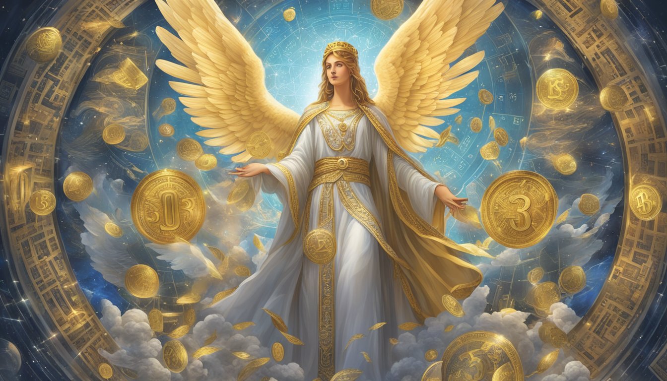 A scene of a glowing angelic figure surrounded by symbols of work and wealth, with the numbers "33333" prominently displayed