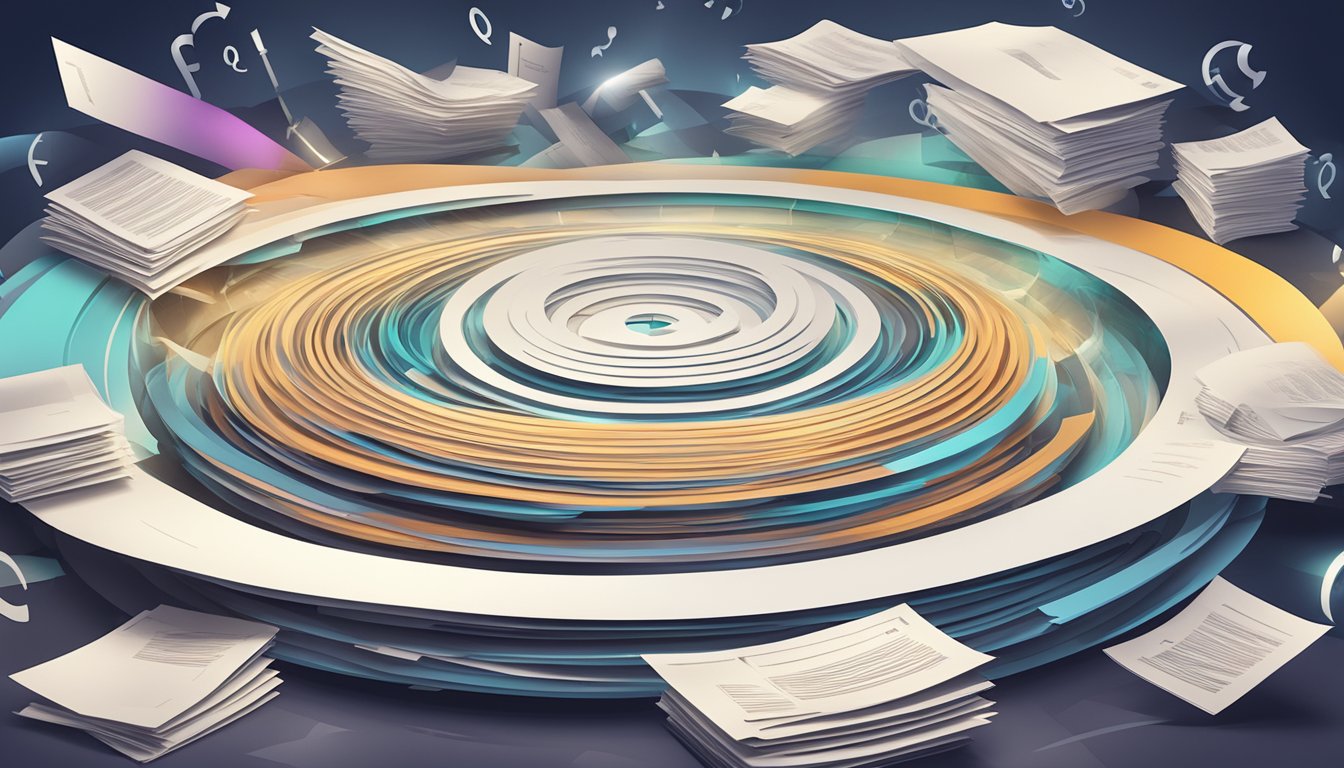 A glowing halo hovers above a stack of FAQ papers, surrounded by swirling numbers and symbols