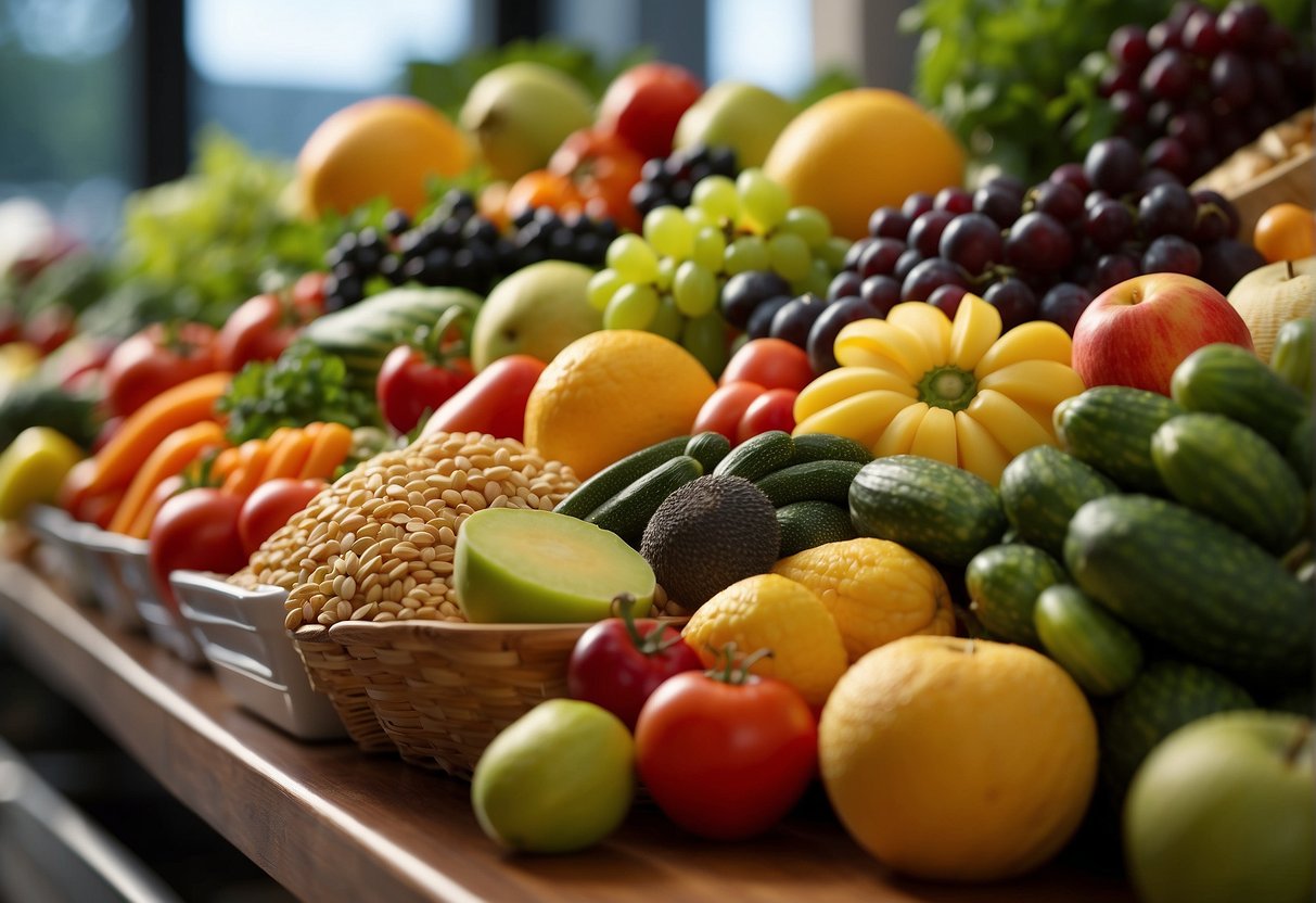 A colorful array of fresh fruits and vegetables arranged in a bountiful display, with a variety of whole grains and legumes filling the background
