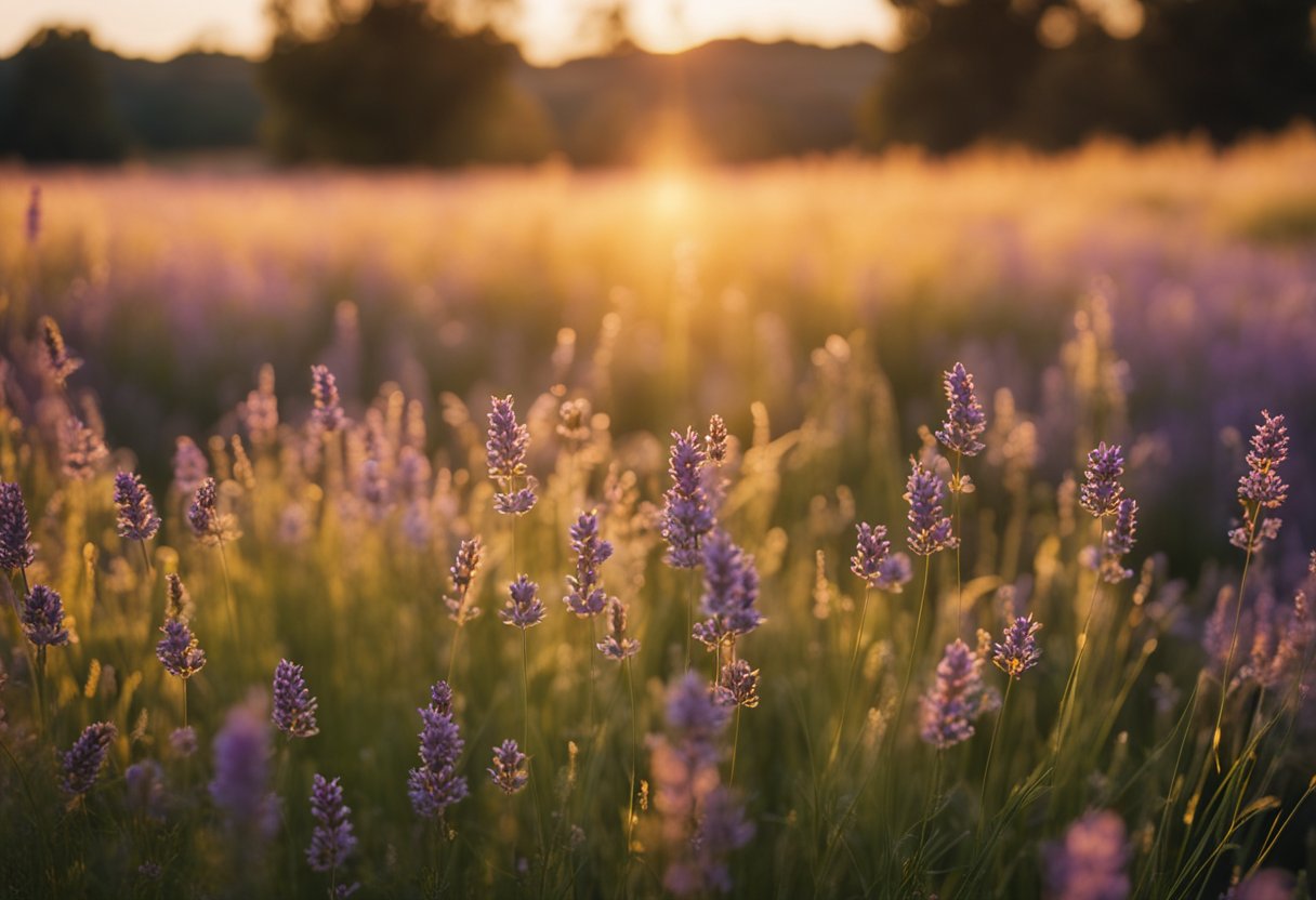 The sun sets over a serene meadow, casting a warm golden glow over the swaying grass and wildflowers. The air is filled with the sweet scent of blooming lavender, and the gentle rustling of leaves creates a soothing soundtrack