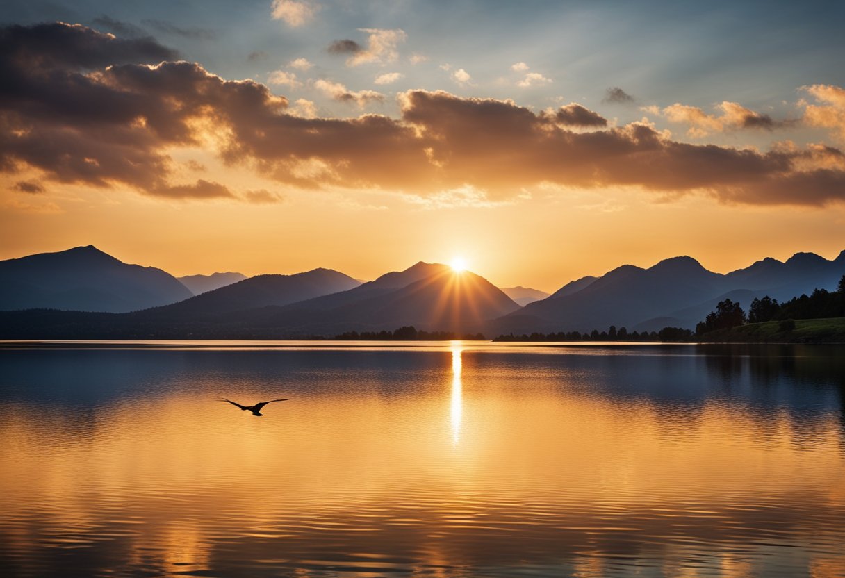 The sun sets behind the mountains, casting a warm glow over the tranquil lake. The water ripples gently, reflecting the vibrant colors of the sky. Birds soar overhead, their calls echoing through the peaceful valley