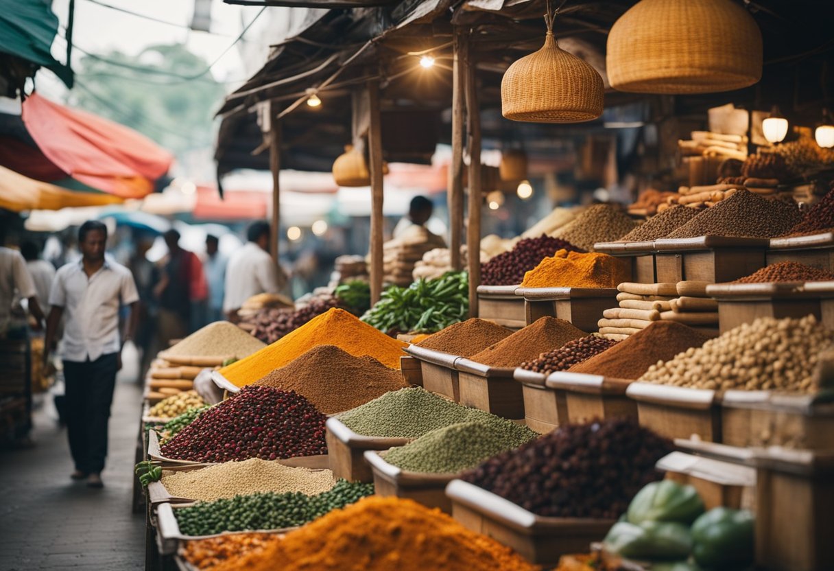 A bustling market filled with the aroma of spices, the sound of vendors calling out their wares, and the sight of colorful produce stacked high