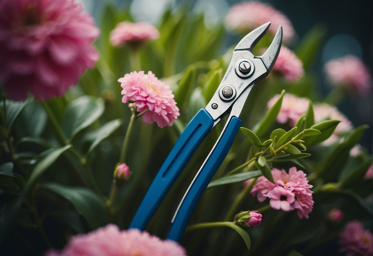 Pruning shears cutting stems in a bouquet