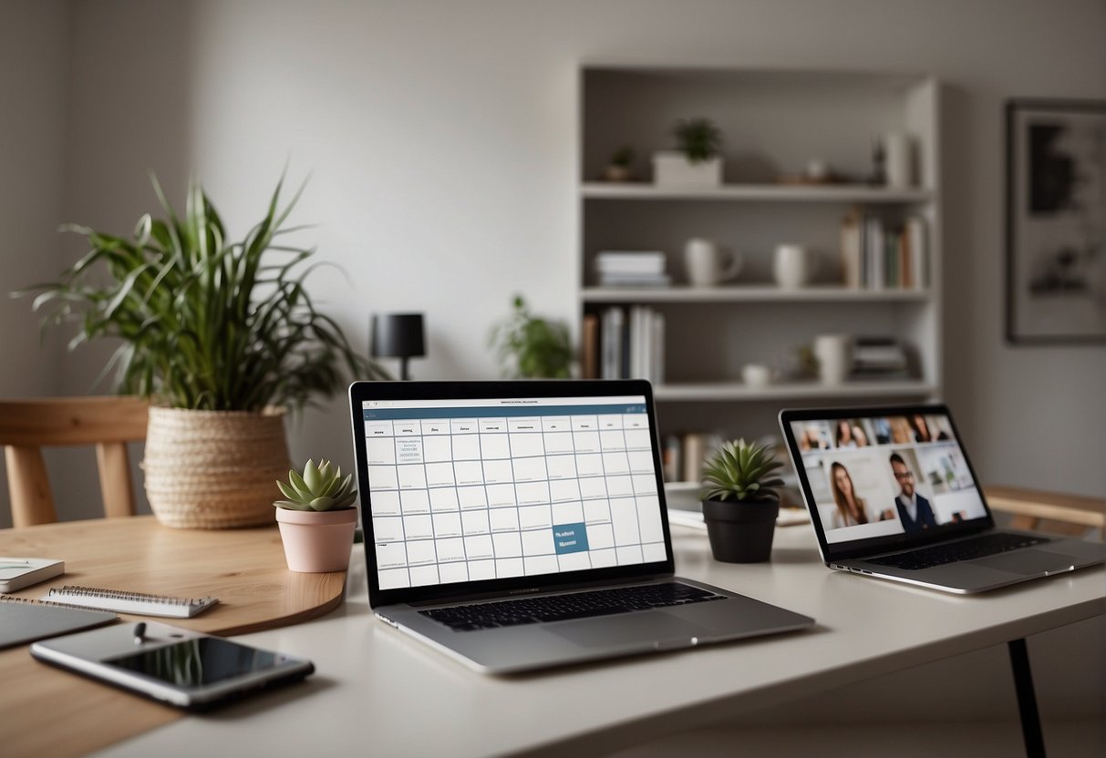A home office with a laptop, phone, and calendar. A mother multitasks, networking online and scheduling meetings. Family photos on the wall